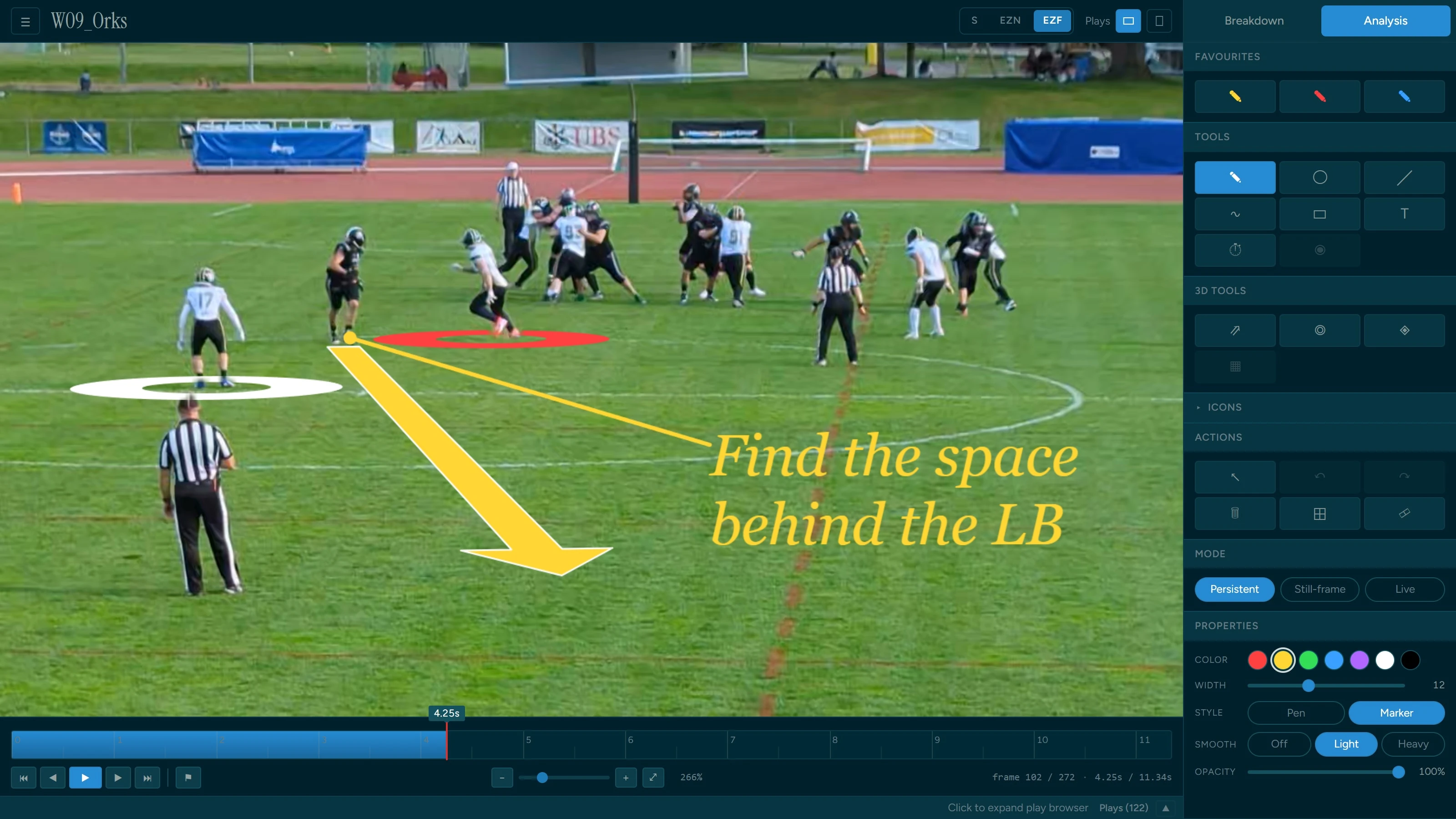SnapStudio Analysis mode: field-plane telestration on paused game film — a yellow arrow and player-highlight rings with the note “Find the space behind the LB” — beside the drawing-tools panel