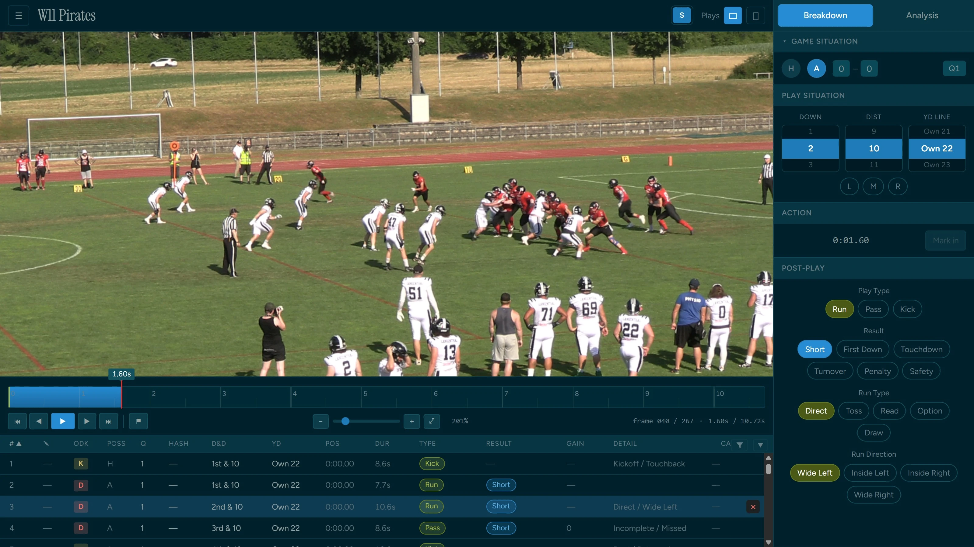 SnapStudio Breakdown mode: a live snap paused on game film with the play tagged run / short / direct / wide left, and the play-by-play log below