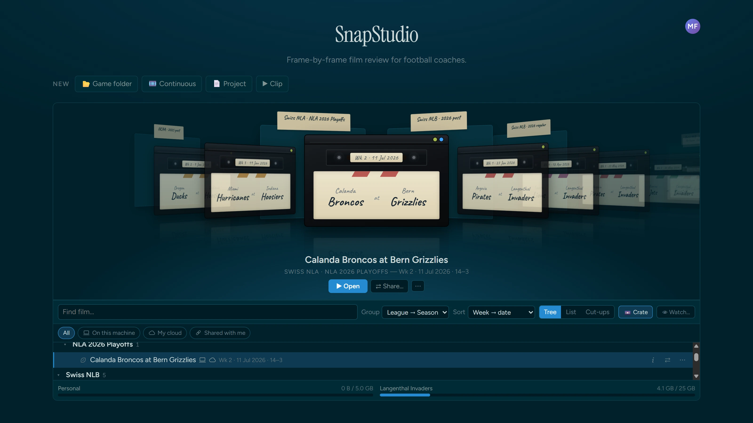 The SnapStudio film library: a cover-flow of game cards with handwritten team names and league sticky-note tabs, “Calanda Broncos at Bern Grizzlies” selected, above a tree of games grouped by league and season with On this machine / My cloud / Shared with me filters and local and team storage meters