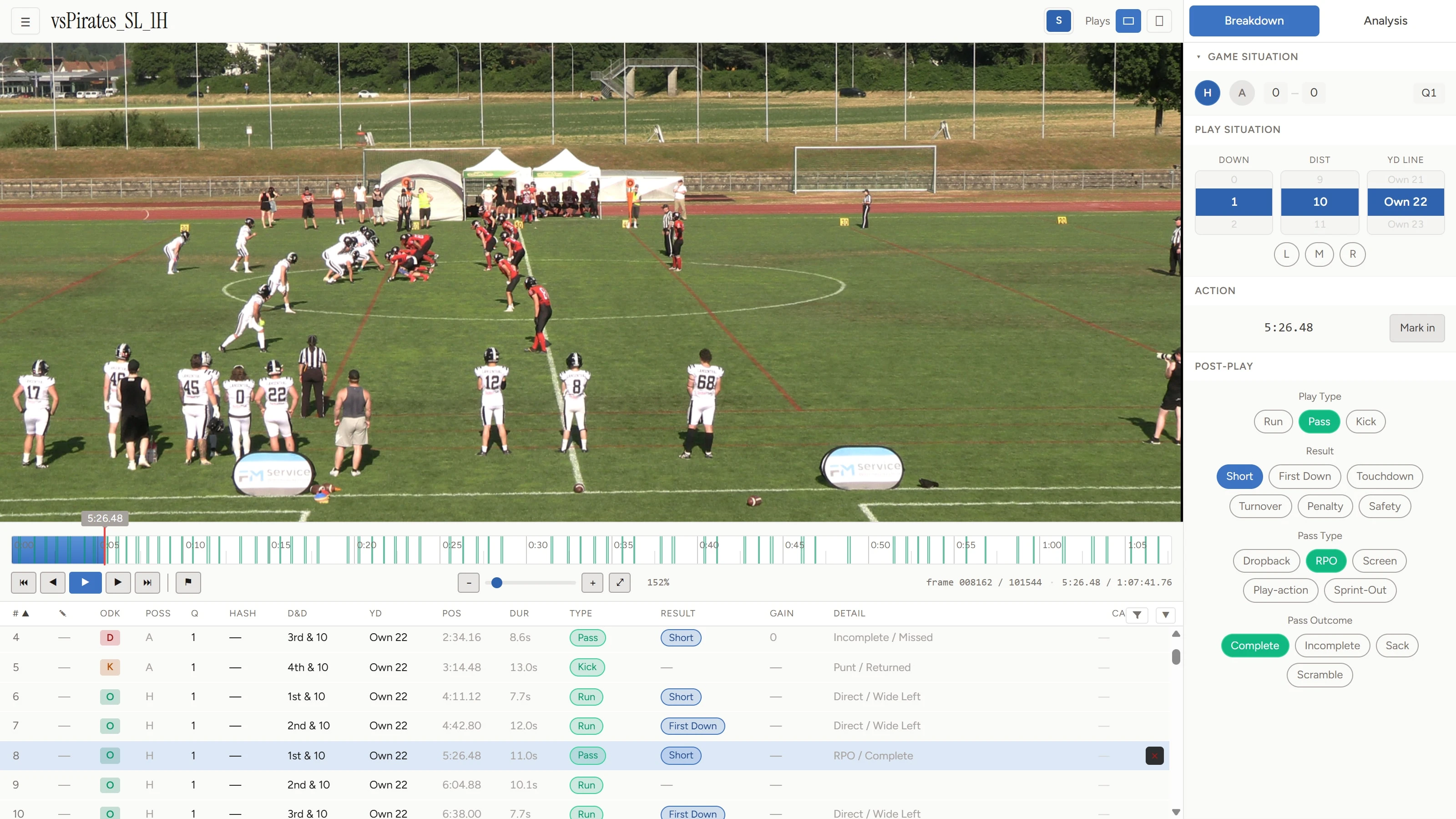 SnapStudio in its light theme showing continuous-film mode: a dense play-by-play timeline spanning a full half of film, with a pass play tagged RPO / complete